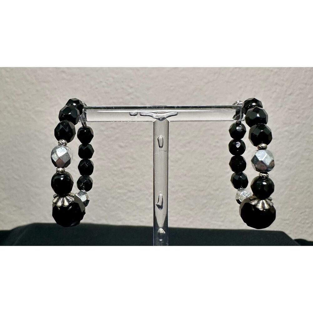 Black Faceted Glass Bead Hoop Earrings Silver Accent Boho Statement Drop Pair